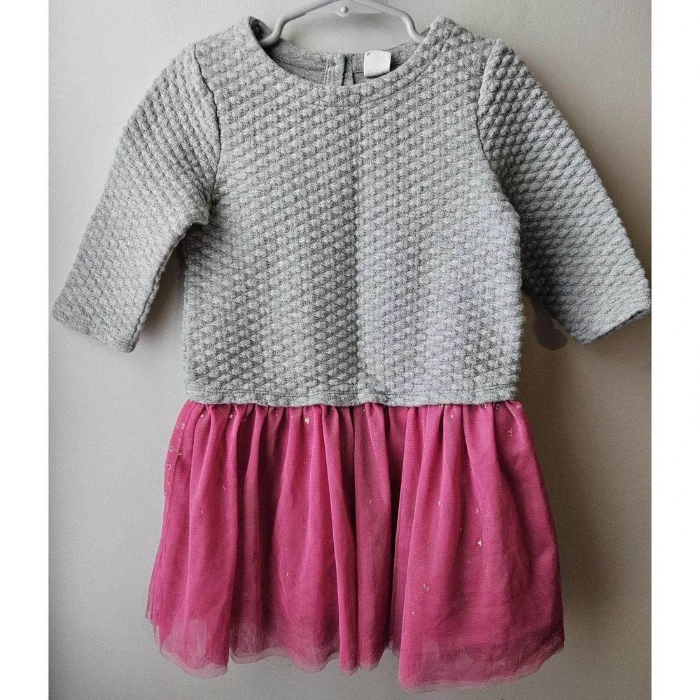 Baby GAP Toddler Girl Dress Sz 4T Gray Quilted Top Pink Tulle Skirt Long Sleeve